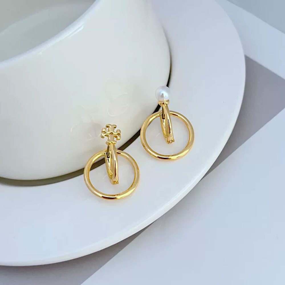 Tory Burch Meteor Trail Cross Pearl Asymmetric Metal Earrings